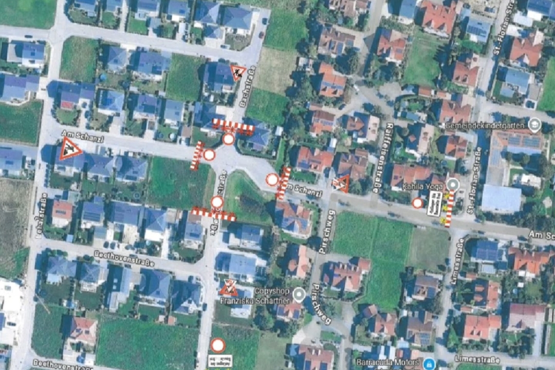 Vollsperrung des Kreuzungsbereichs Bachstraße und Am Schanzl in Stammham 